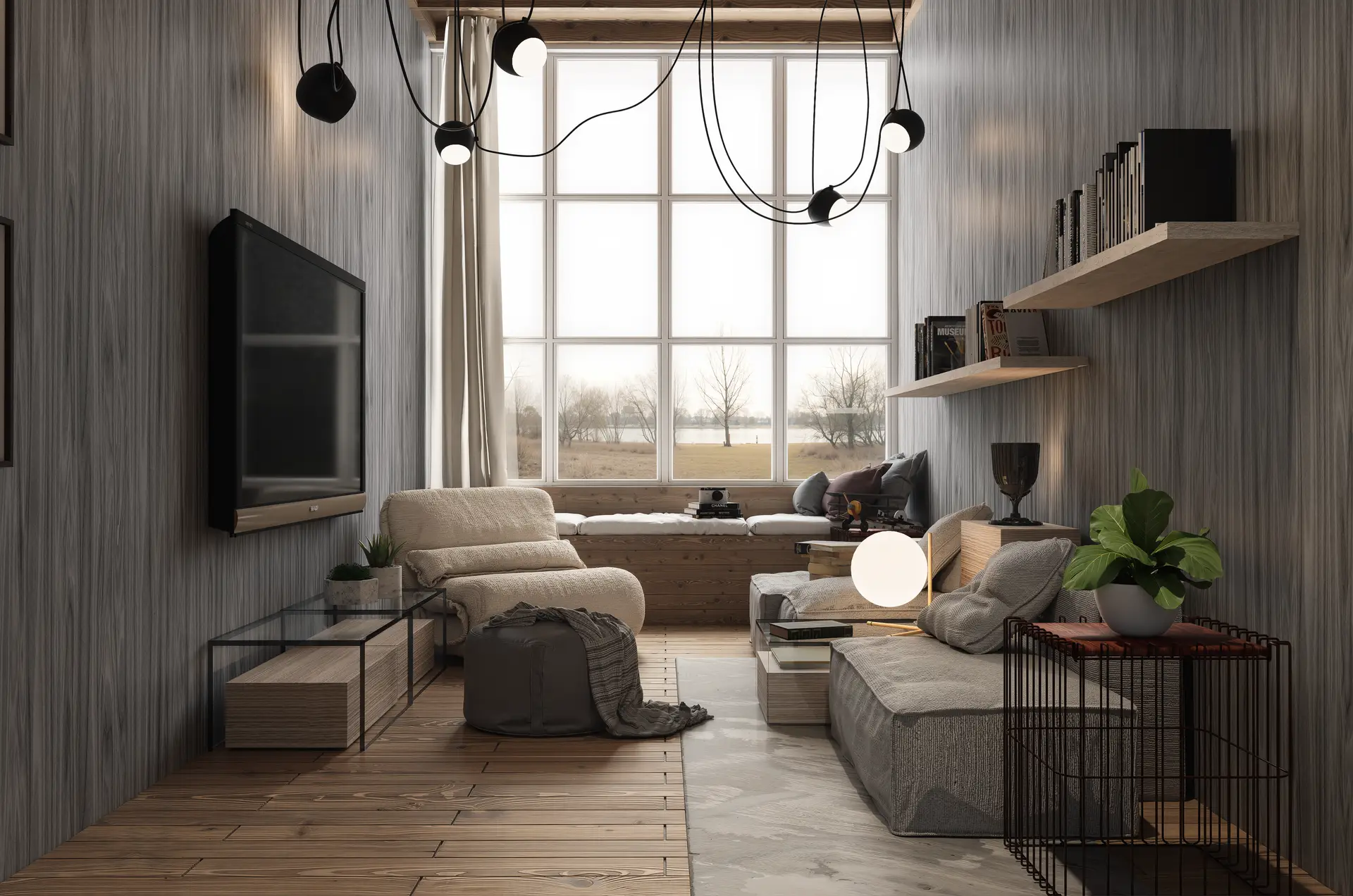 Moderne leilighet med myk, arkitektonisk belysning og stort vindusparti